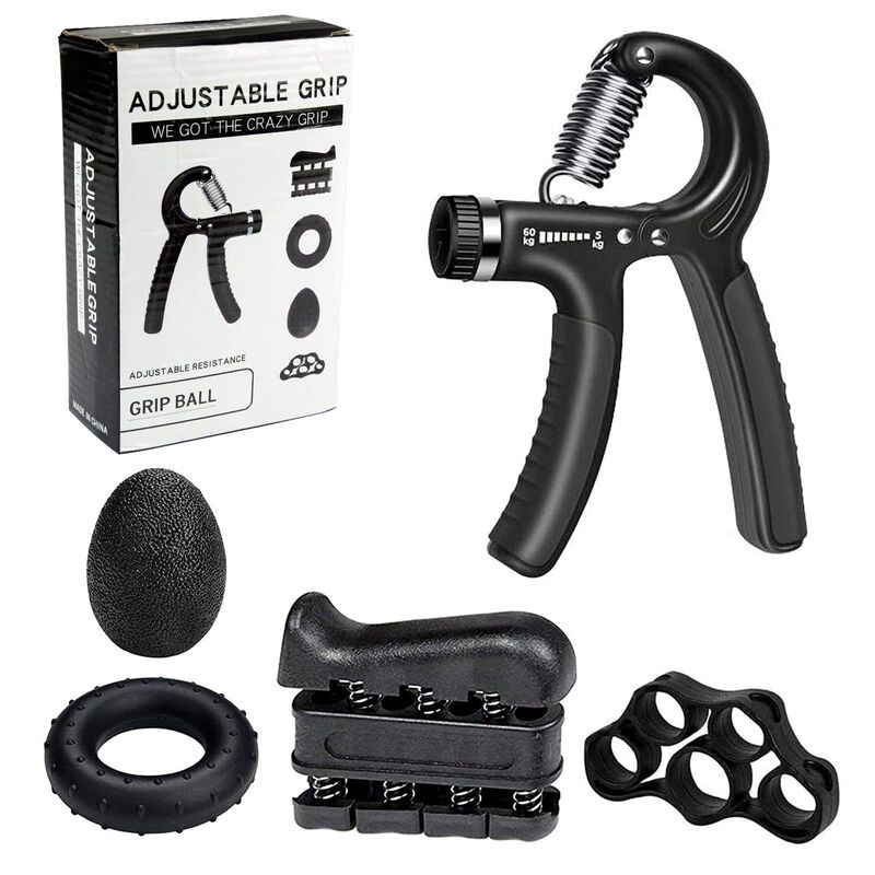 Schwarzes 5-teiliges Handgriff-Trainingsset, verstellbarer Handgreifer, Fingertrainer, Griffring, Stressabbau-Ball für Unterarm- und Fingerkraft